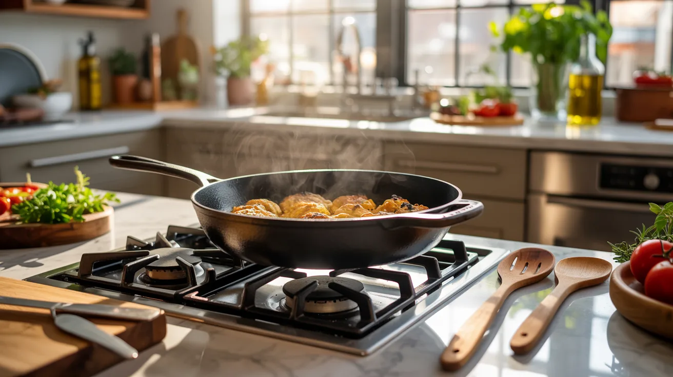 A pan on a stove filled with colorful vegetables and spices, ready for cooking.