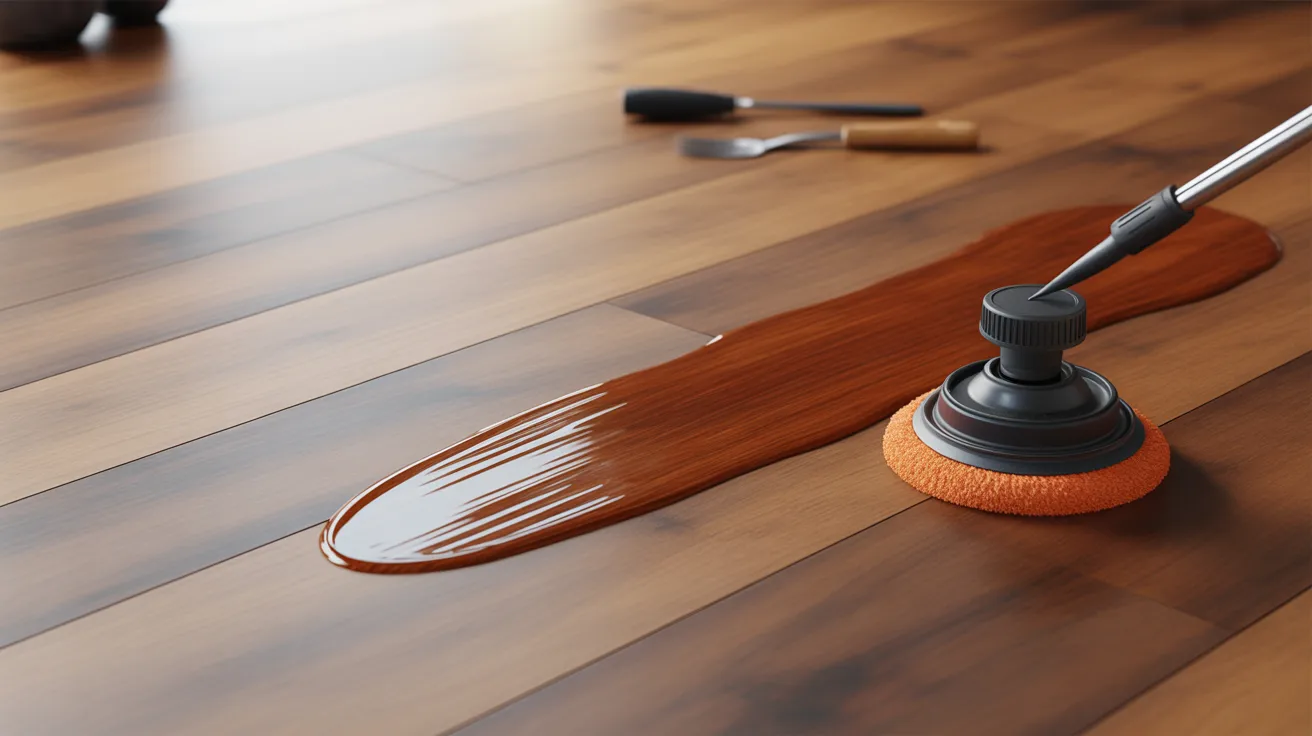 Close-up of a floor polisher smoothing a shiny coat on a wooden floor. Tools in the background suggest ongoing or recent maintenance work.