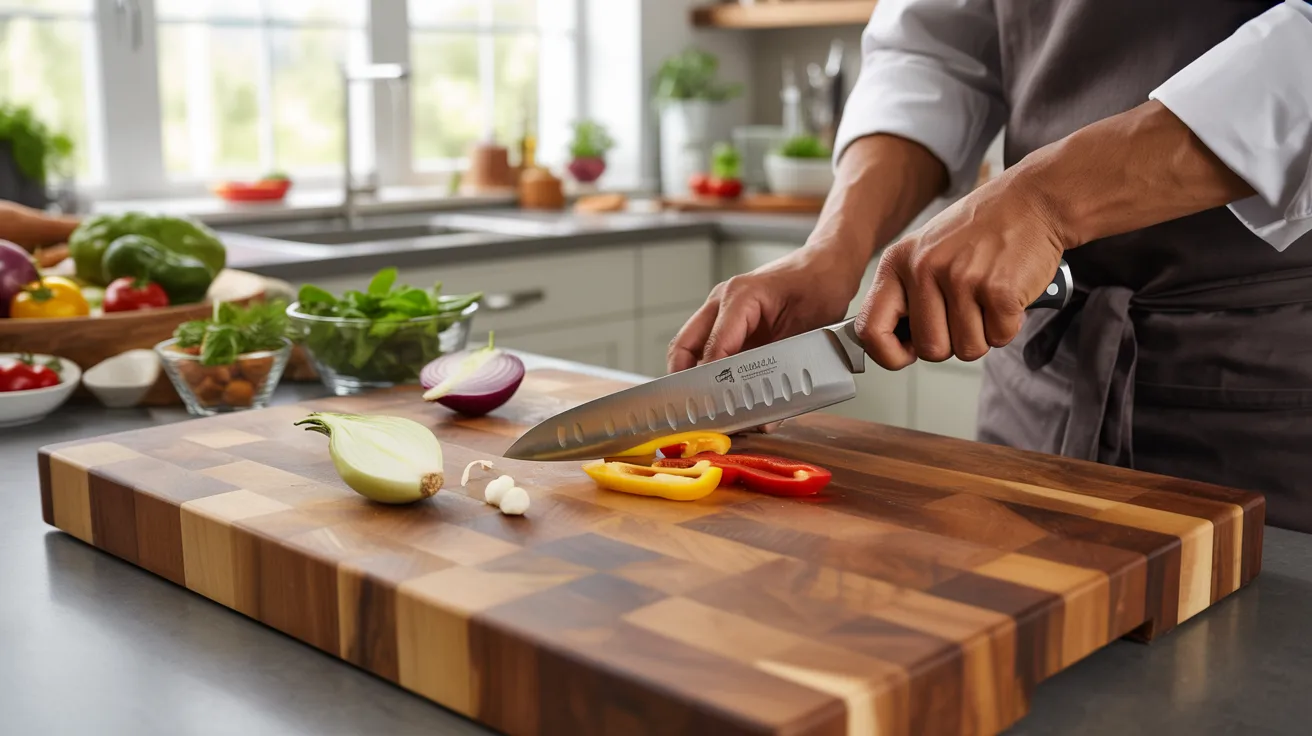 A chef skillfully cuts colorful vegetables on a wooden cutting board in a well-lit kitchen.