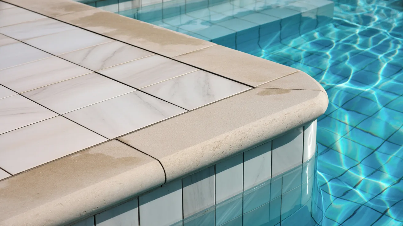 Close-up of a sunlit pool edge, featuring white tiled decking and clear, shimmering blue water. The scene feels tranquil and inviting.