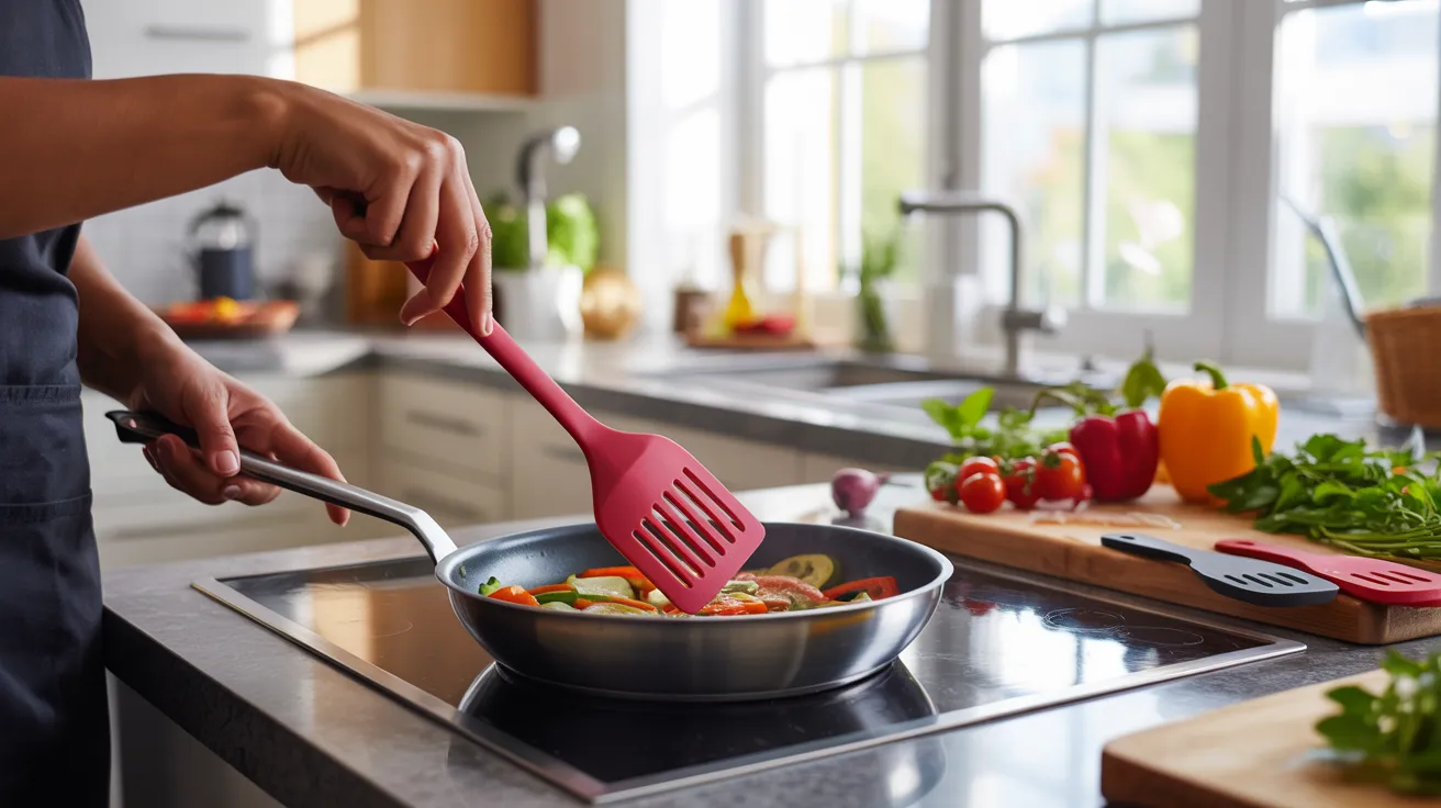 A person stirs colorful vegetables in a pan using a red spatula while cooking in a kitchen setting.