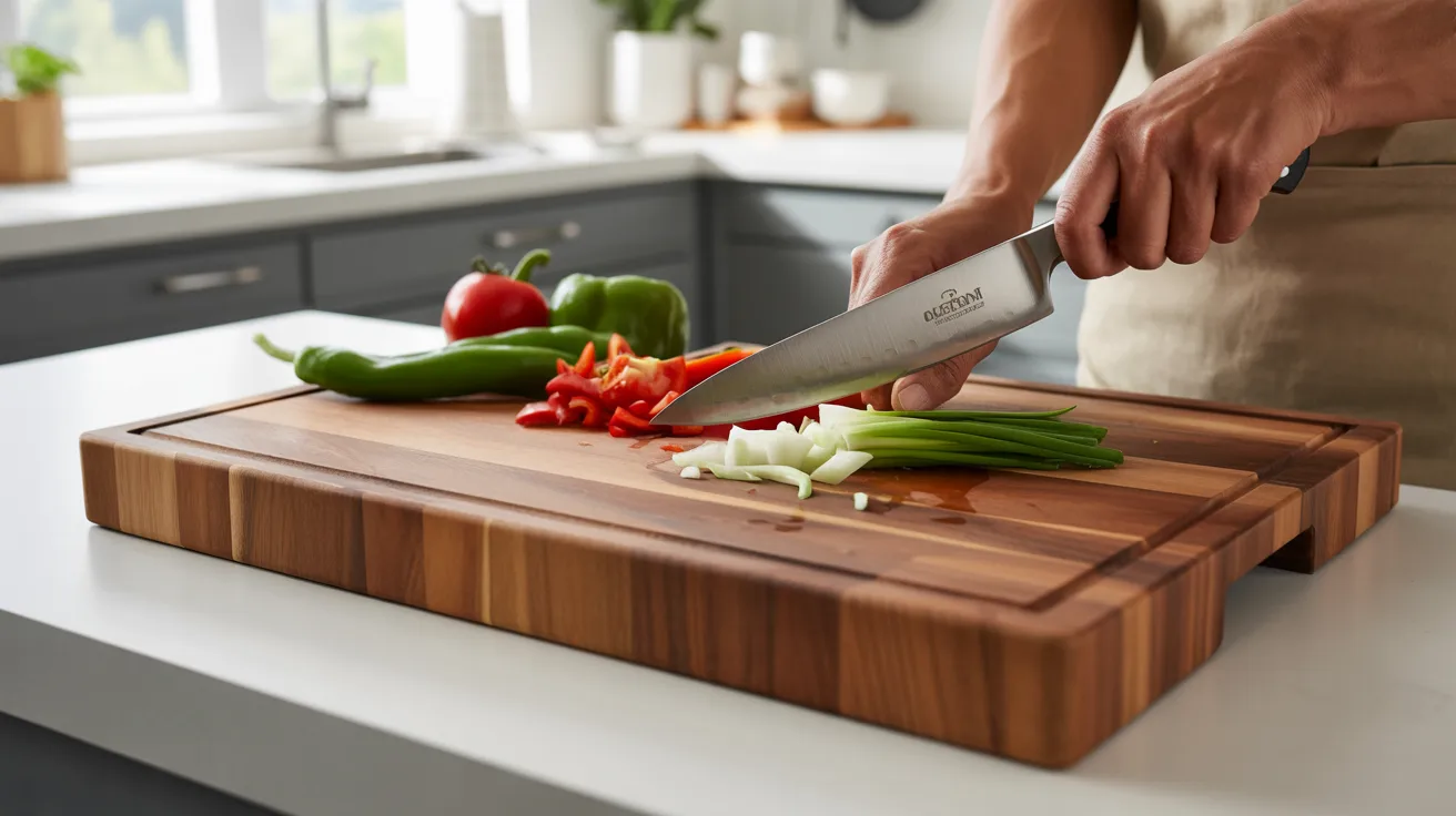 A person chopping colorful vegetables on a wooden cutting board in a well-lit kitchen.