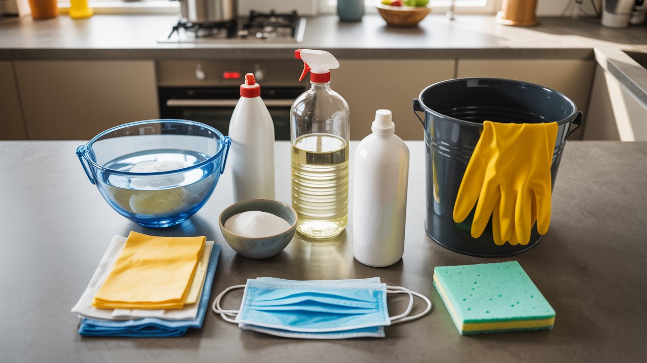Cleaning supplies including white vinegar, baking soda, warm water, rubber gloves, face mask, and cloths arranged neatly for cleaning a moldy refrigerator.
