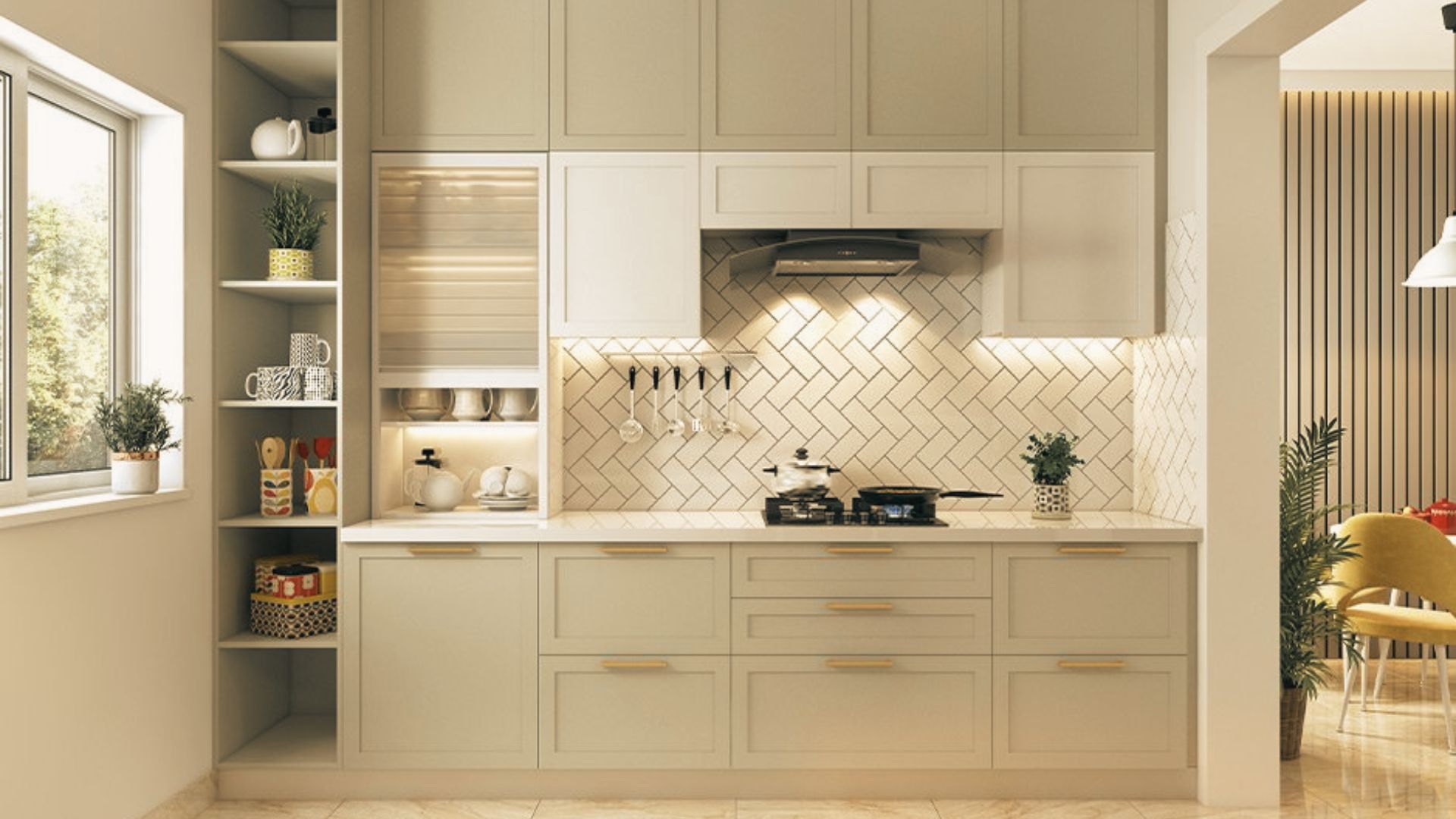 Small shaped white kitchen with subway tile backsplash and stainless steel