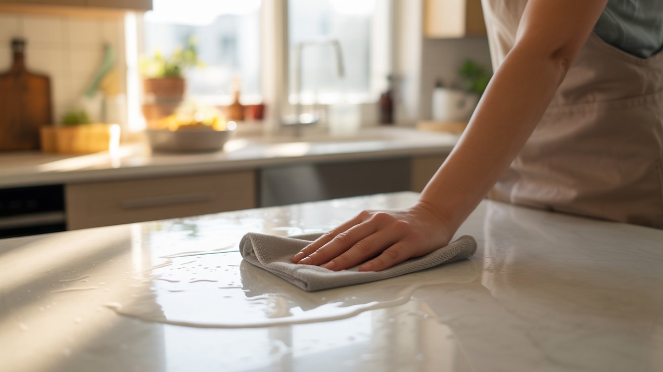 "Person cleaning quartz countertop daily with microfiber cloth and mild dish soap, drying surface for a streak-free shine in a modern kitchen"