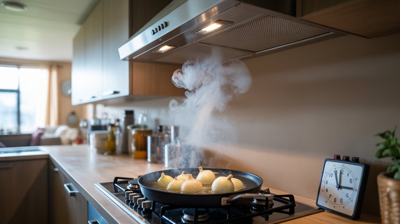 "Modern kitchen showing exhaust fan running above stove to remove onion cooking smell and clear air"