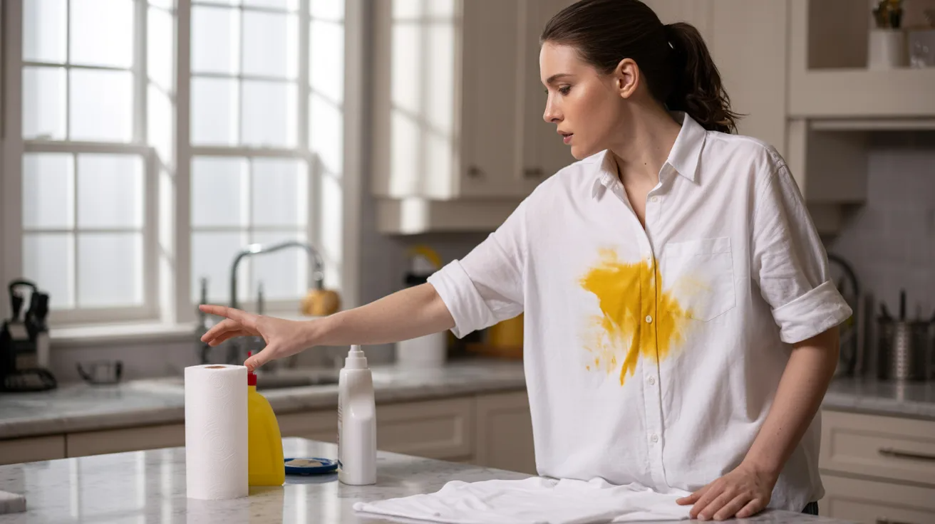 Fresh mustard stain on white shirt being treated immediately to prevent setting.