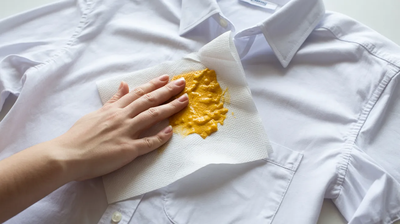 Paper towel gently blotting mustard stain on white shirt without rubbing.