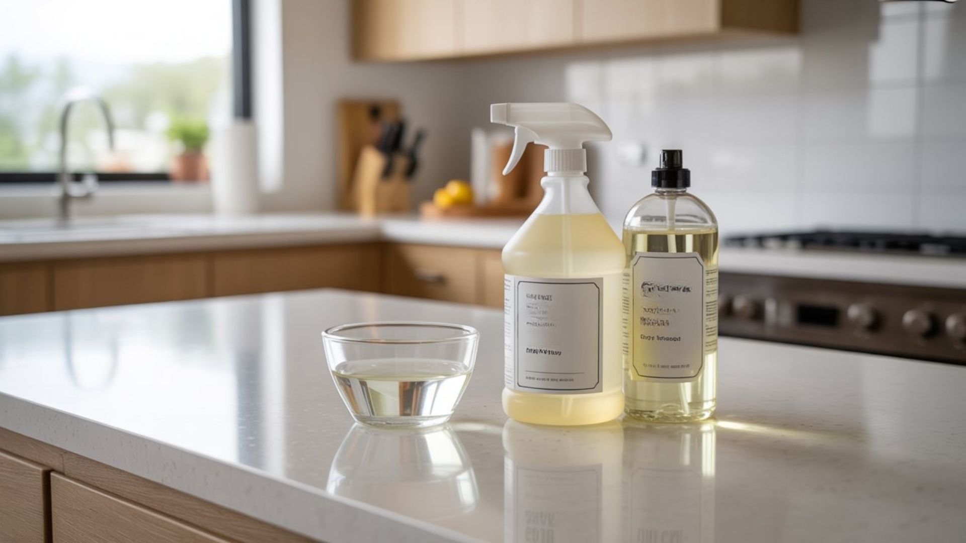 "Safe cleaners for quartz countertops including mild dish soap, quartz-safe spray, and diluted vinegar displayed on a clean kitchen surface"