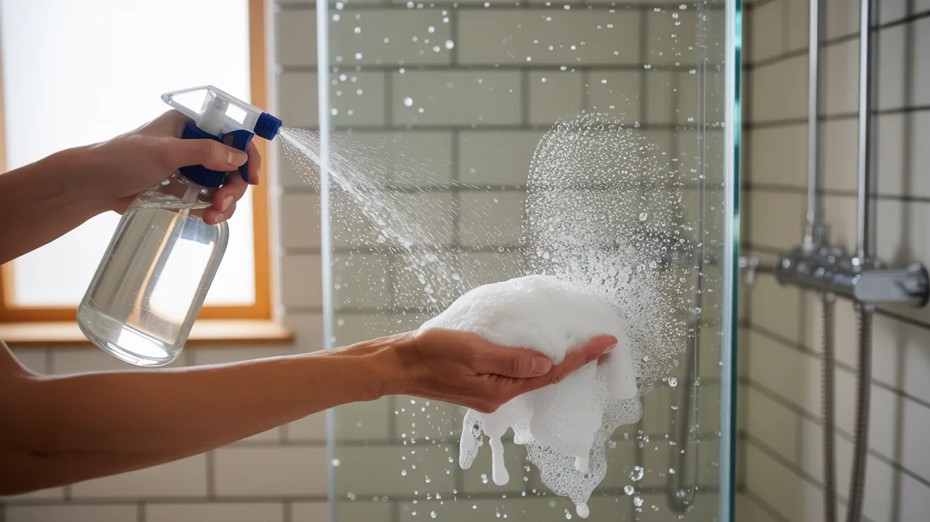 Vinegar and baking soda reacting on glass shower door to remove tough stains.