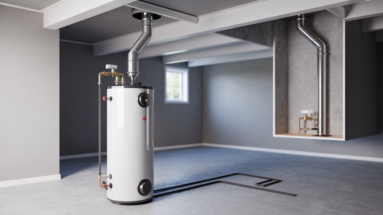 "Gas water heater with vent pipe system installed in a home utility room showing exhaust venting through wall"