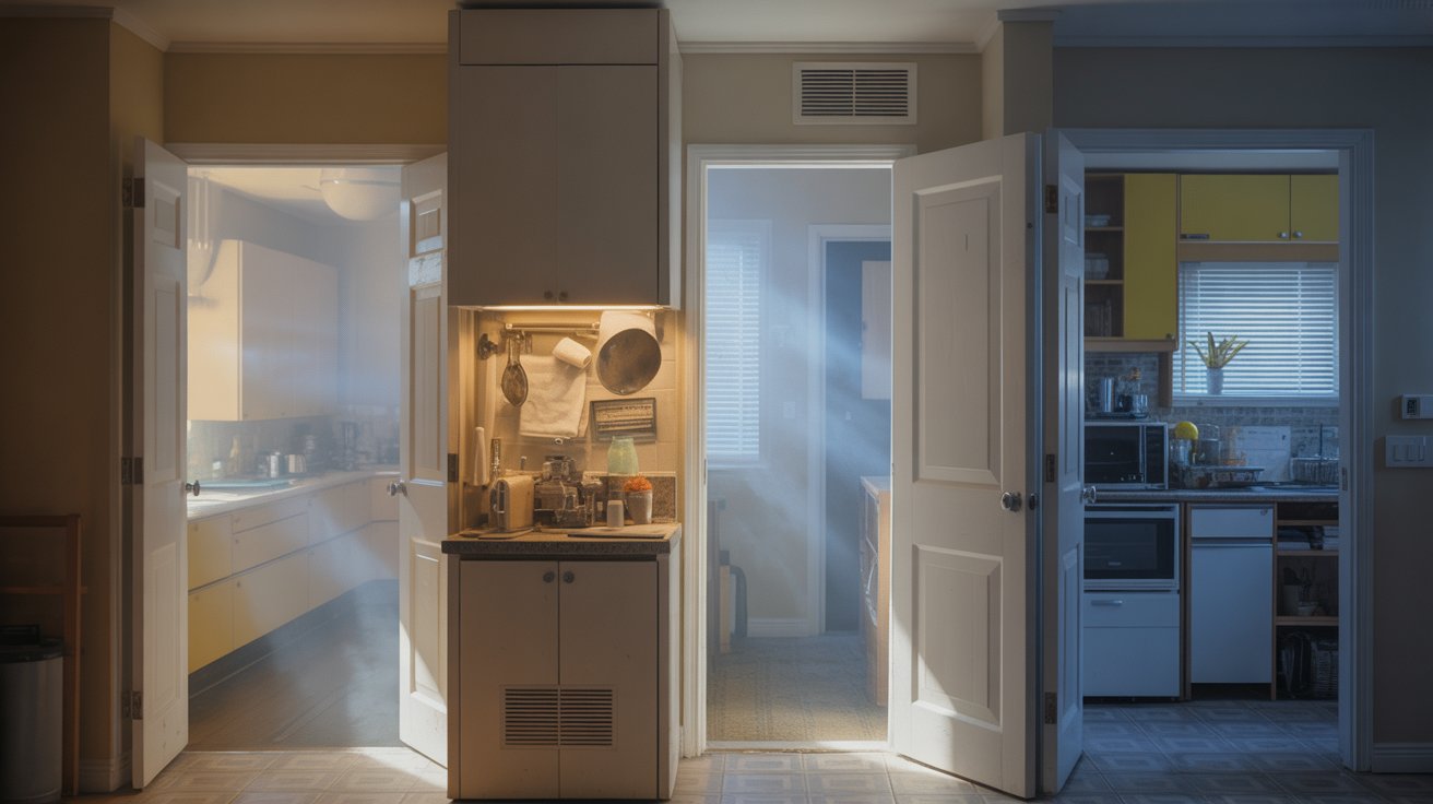"Modern home interior with multiple rooms suggesting systematic search for indoor chemical odor source"