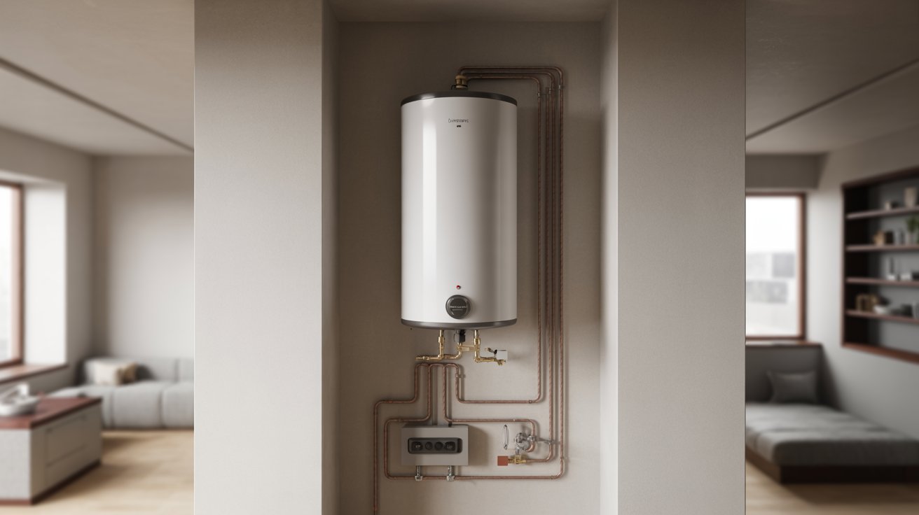 "Electric water heater installed in a small apartment utility closet showing a compact vent-free setup"