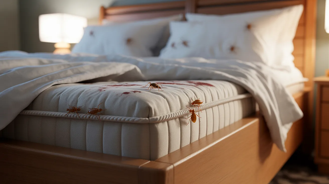Bed bugs hiding in mattress seams and bedding indicating nighttime biting pests.
