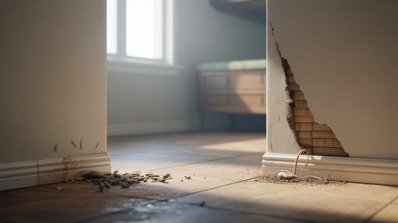 "Home corner showing subtle signs of hidden pest infestation causing unusual indoor odors"