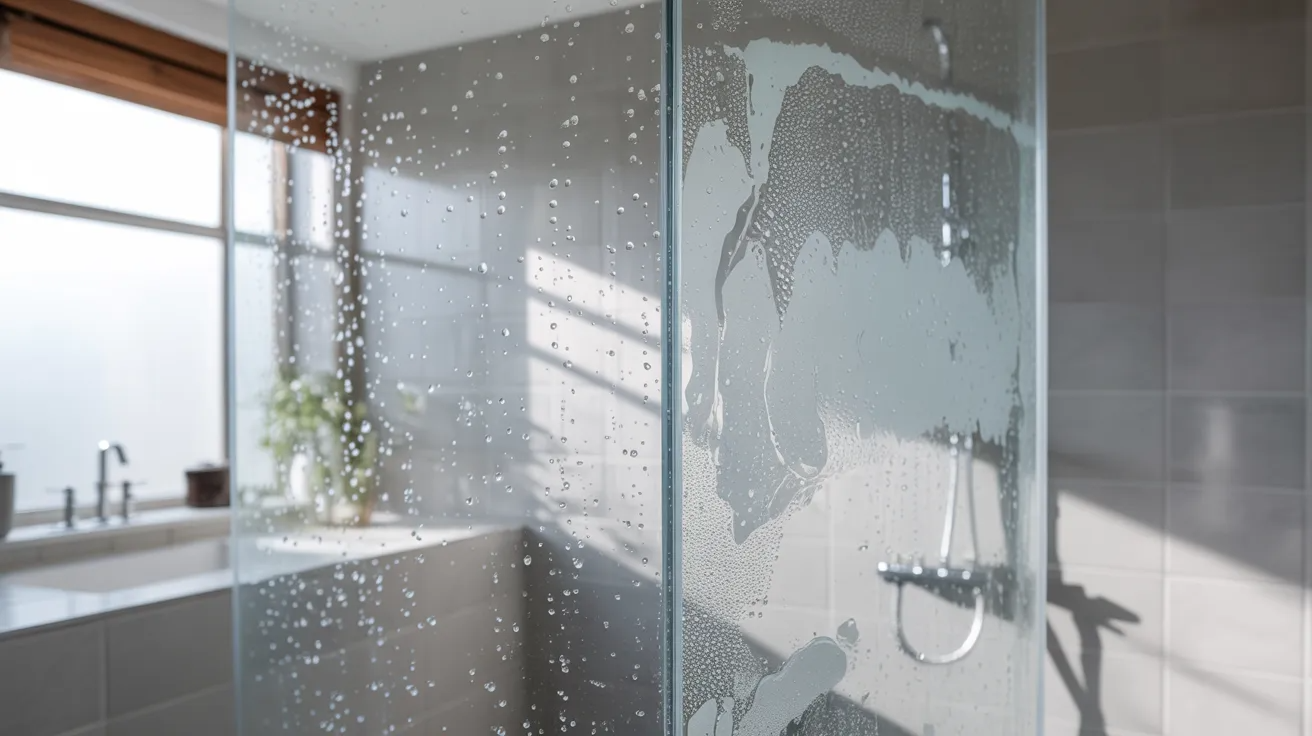 Glass shower door showing mineral buildup and hard water stains forming after water dries.