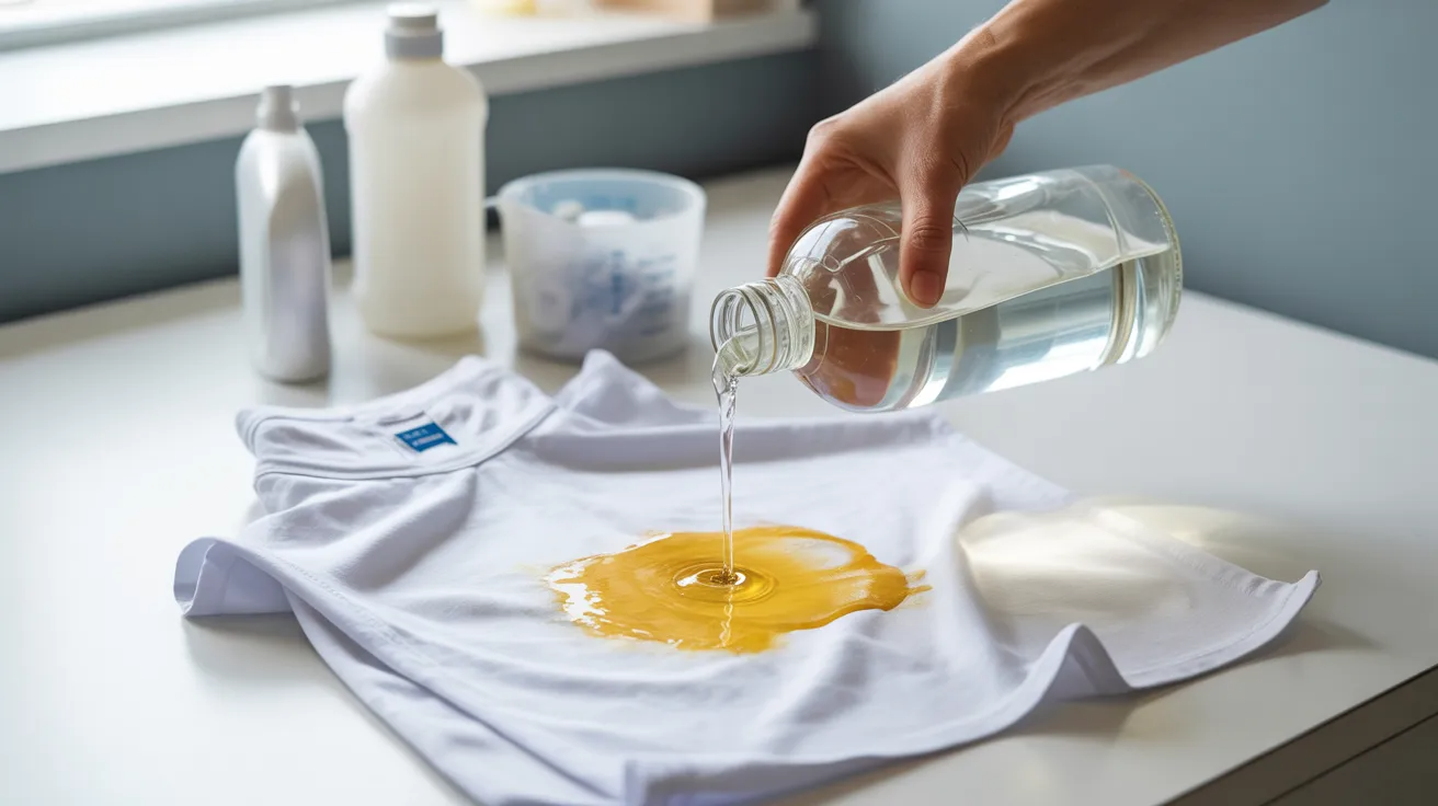 Hydrogen peroxide applied to set mustard stain on white fabric for stain removal.