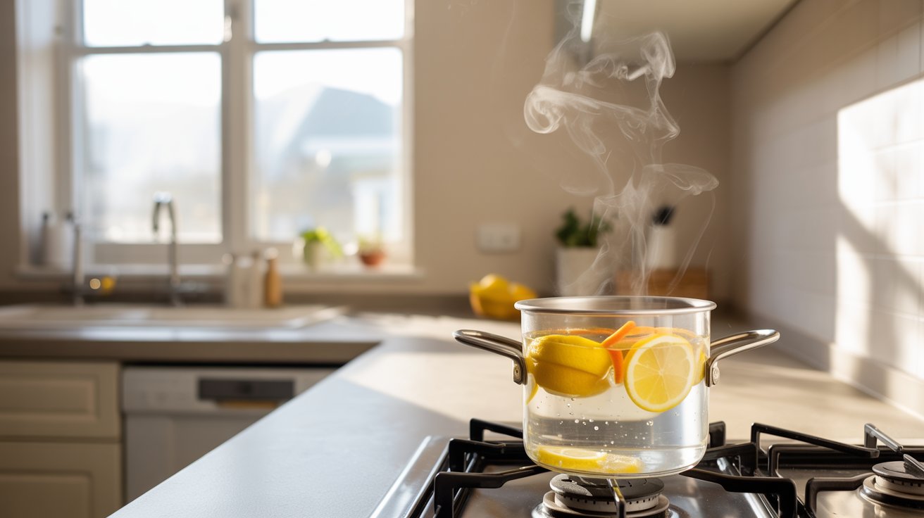 "Kitchen stove with simmering lemon slices and orange peels releasing citrus steam to freshen air and reduce onion smell"