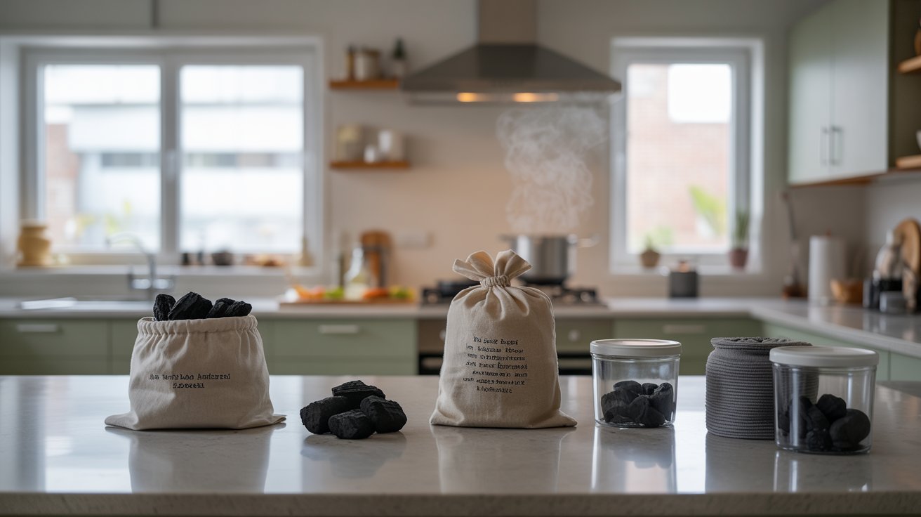 "Home kitchen with activated charcoal bags placed around to absorb and reduce lingering onion smell from the air"
