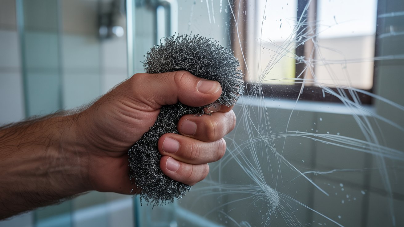 "Hand pressing steel wool too hard on glass shower door causing visible fine scratches in realistic bathroom scene"