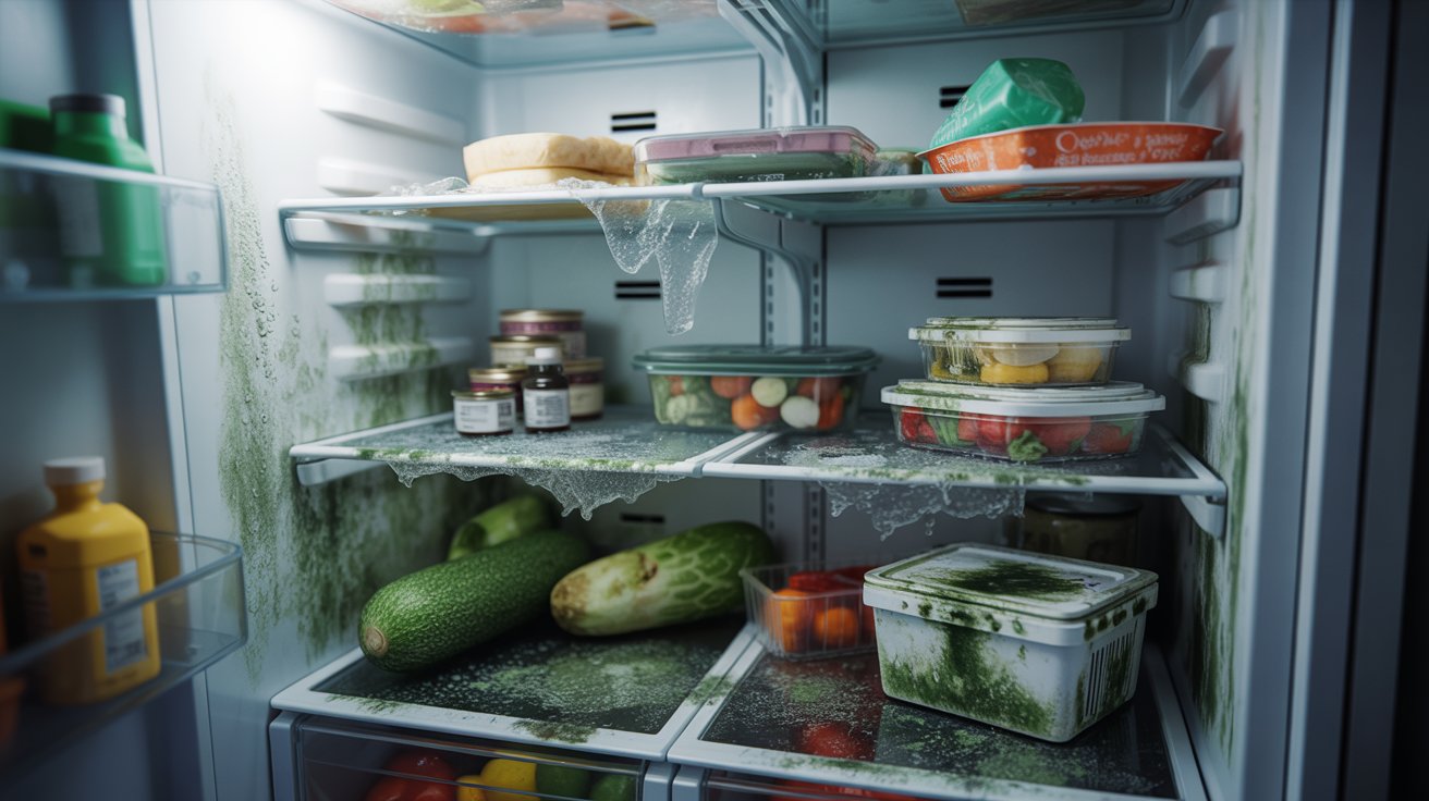 Close-up of a refrigerator interior with spoiled food, moisture buildup, and visible mold spreading across shelves and containers due to poor airflow.