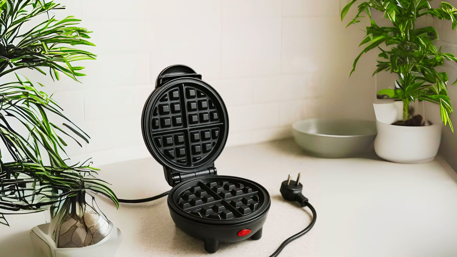 A clean, open black waffle maker sits unplugged on a counter between two potted plants.