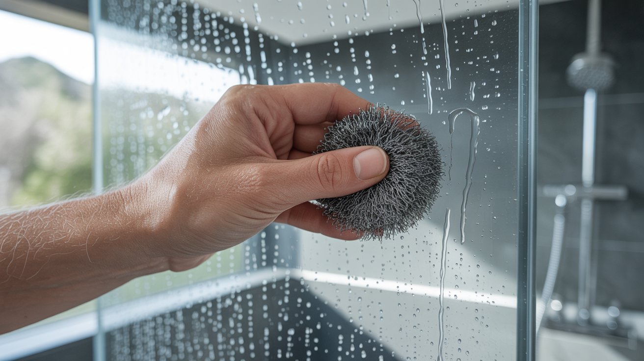 "Hand using fine steel wool in circular motion on wet glass shower door to remove stains in realistic bathroom scene"