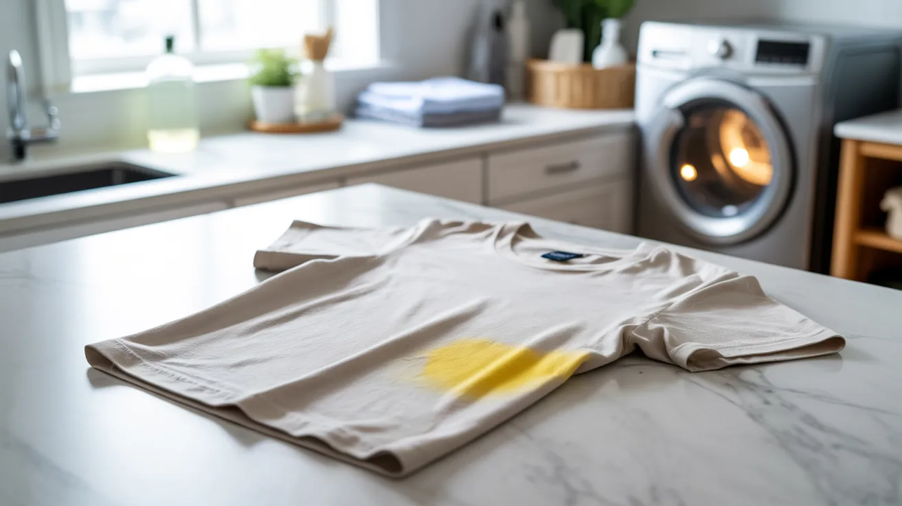 White shirt showing yellow underarm stains caused by sweat and deodorant in laundry setting.