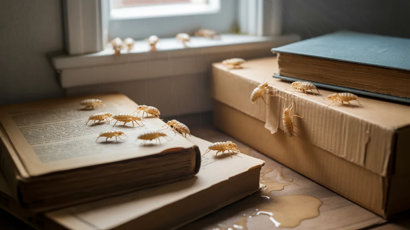 Small booklice crawling on paper and books in humid indoor storage area.