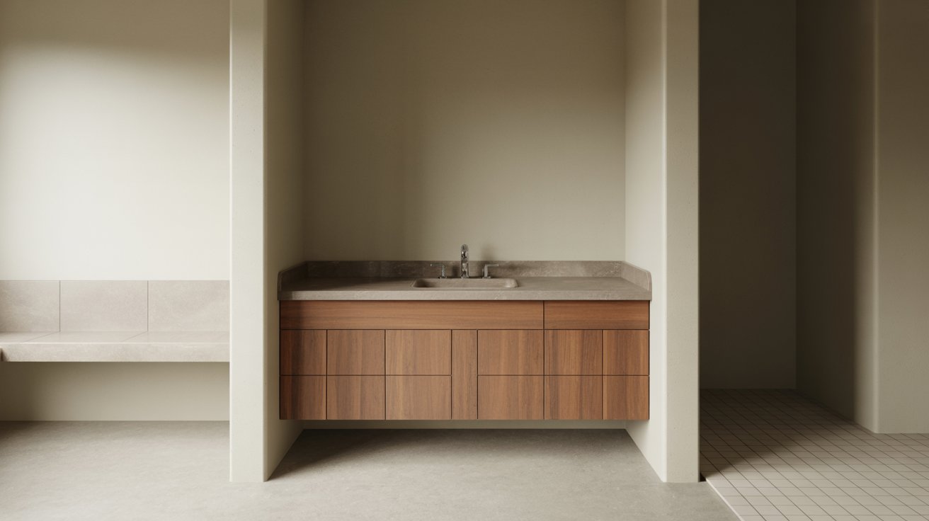 "Modern bathroom vanity with balanced width depth and height proportions in a well designed bathroom layout."