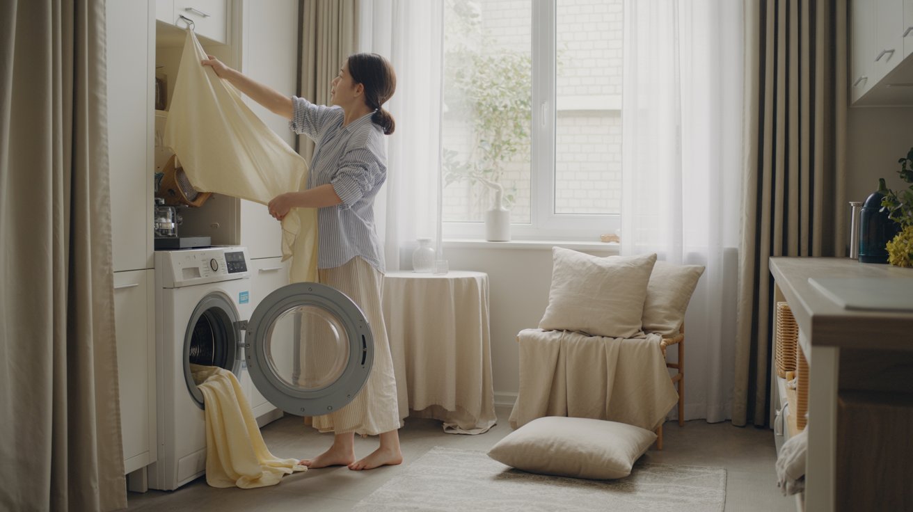 "Home scene showing curtains and fabric items being washed to remove absorbed onion smell and freshen indoor air"