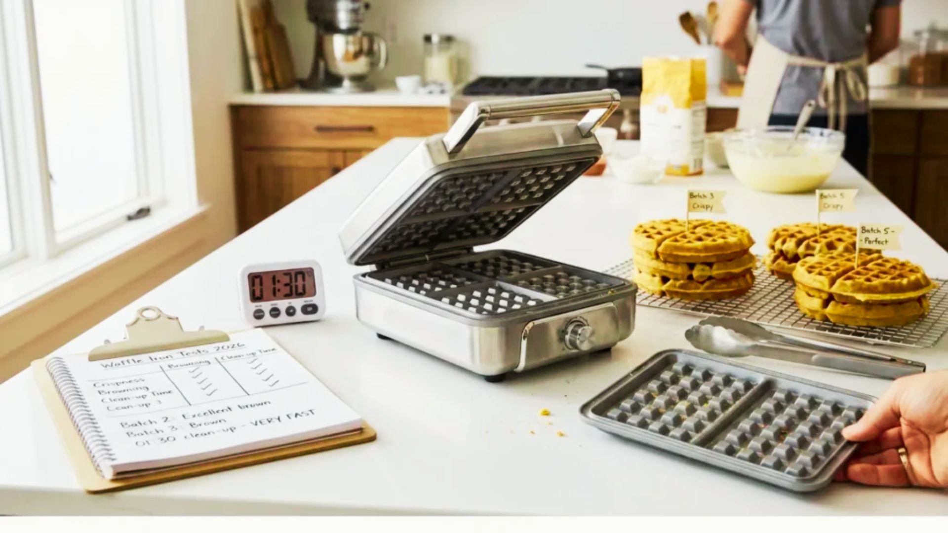 An open waffle maker with removable plates sits on a white counter next to a clipboard labeled "Waffle Iron Tests" and a timer.
