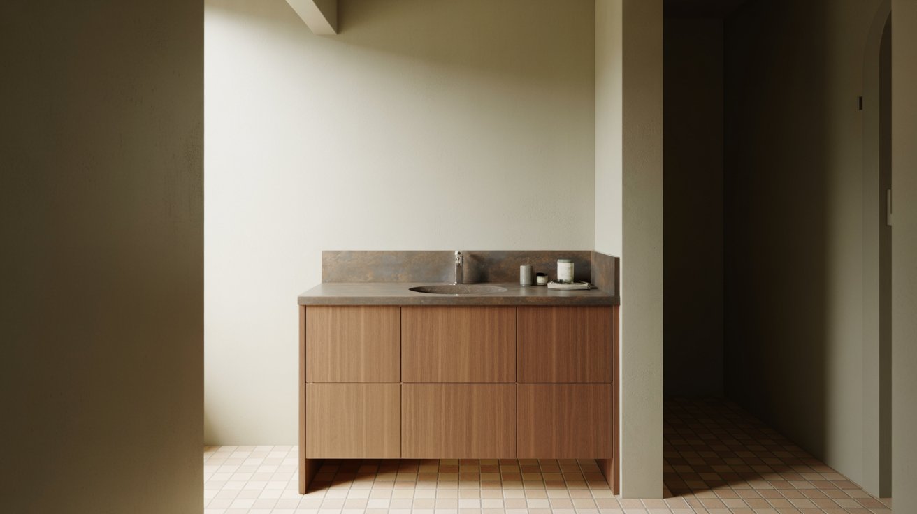 "Ultra realistic bathroom vanity with standard depth design in a modern well spaced bathroom without mirror."