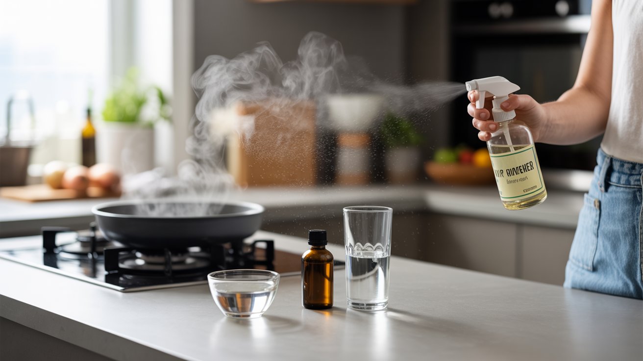 "Kitchen scene with DIY air freshener spray being used to neutralize onion smell and freshen indoor air"