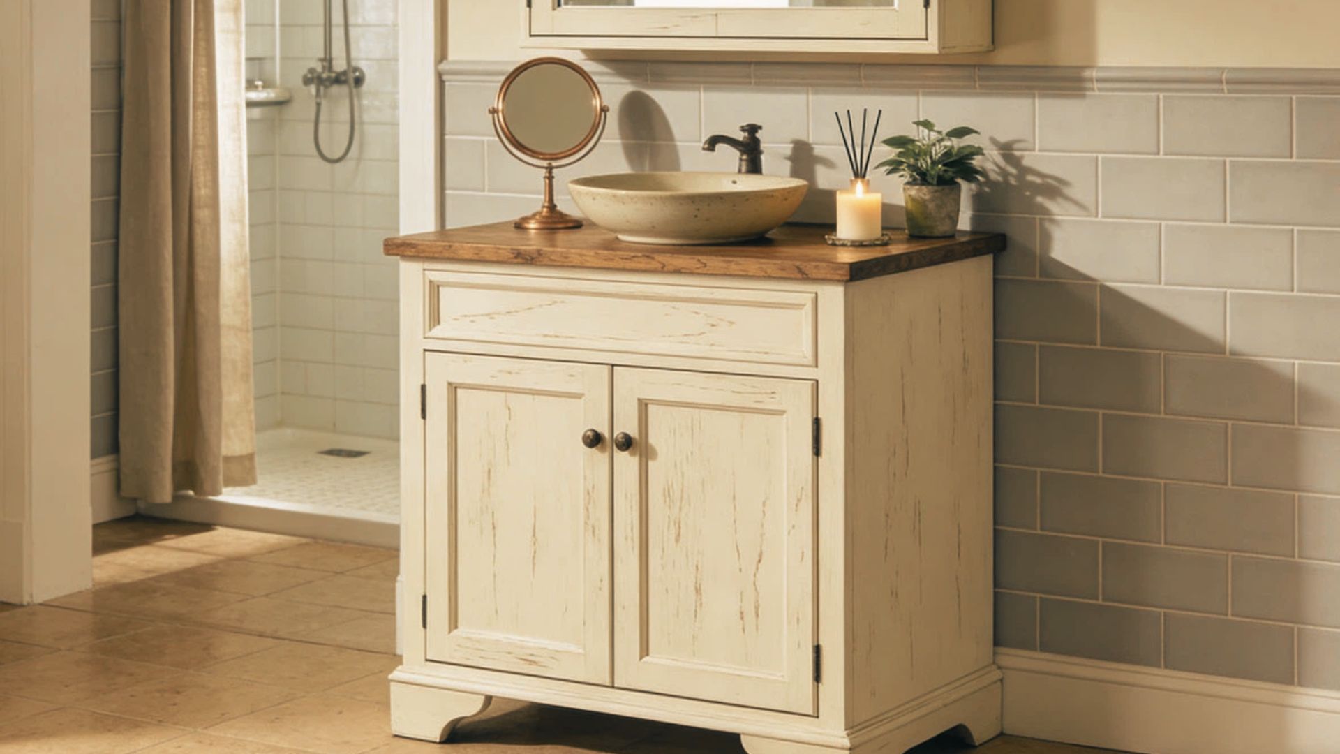 Rustic bathroom vanity with distressed white paint, wood countertop, and vessel sink makeover.