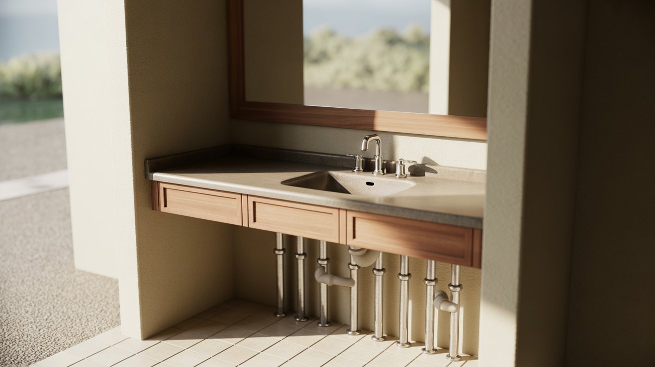 "Ultra realistic bathroom vanity showing proper depth spacing comfortable sink use and aligned plumbing in a modern bathroom"