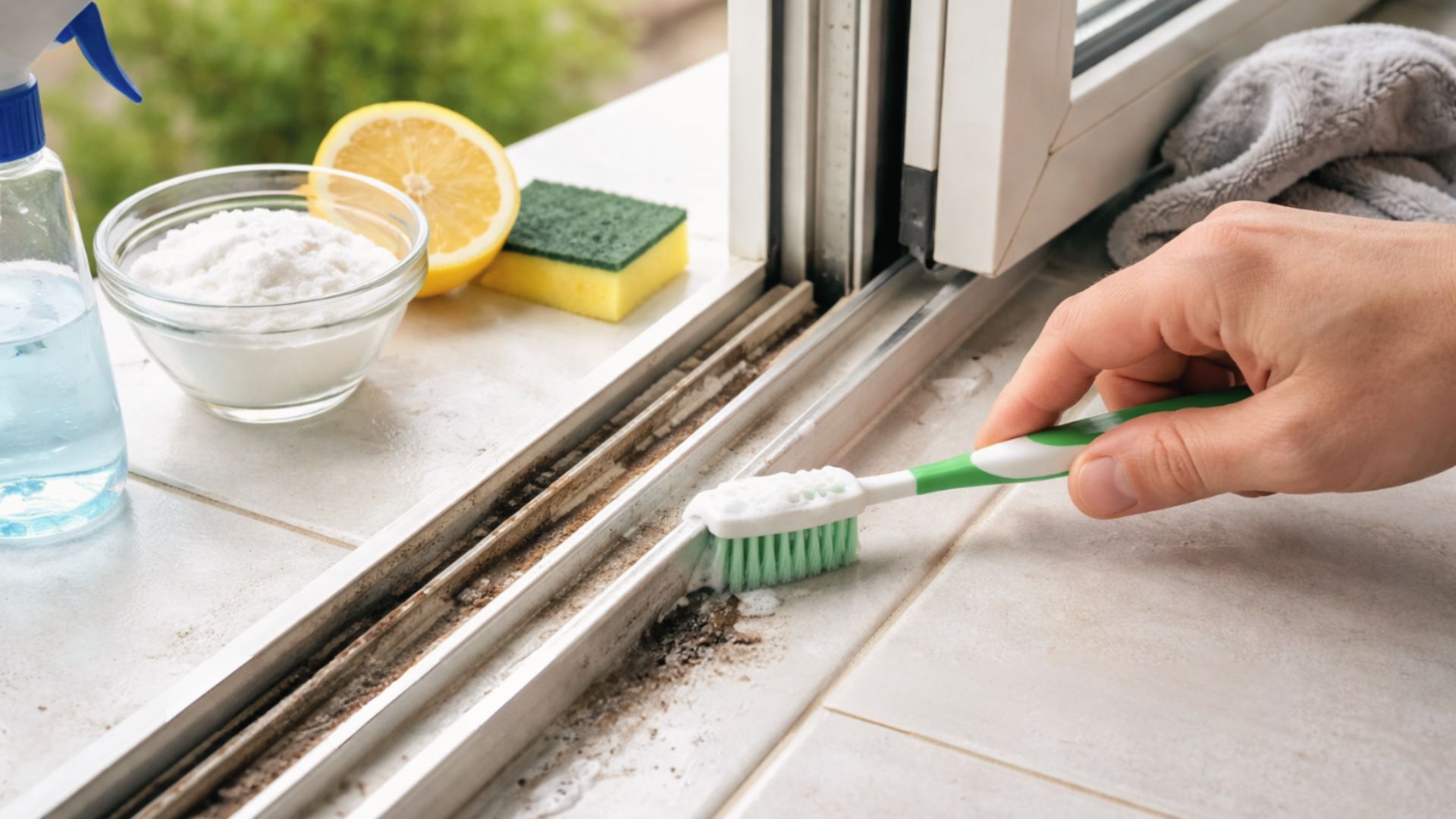 Scrubbing window track with toothbrush and baking soda paste to remove stuck grime and mold