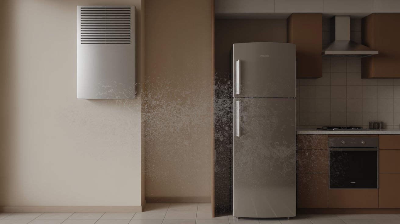 "Kitchen with refrigerator and air conditioning unit possibly causing chemical smell indoors"