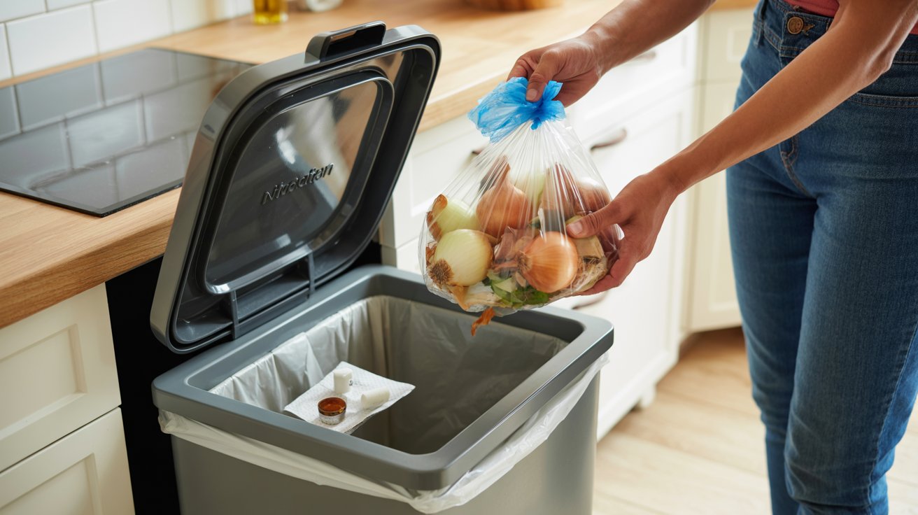 "Kitchen scene showing trash being taken out and bin cleaned after onion cooking to prevent lingering smell in the home"