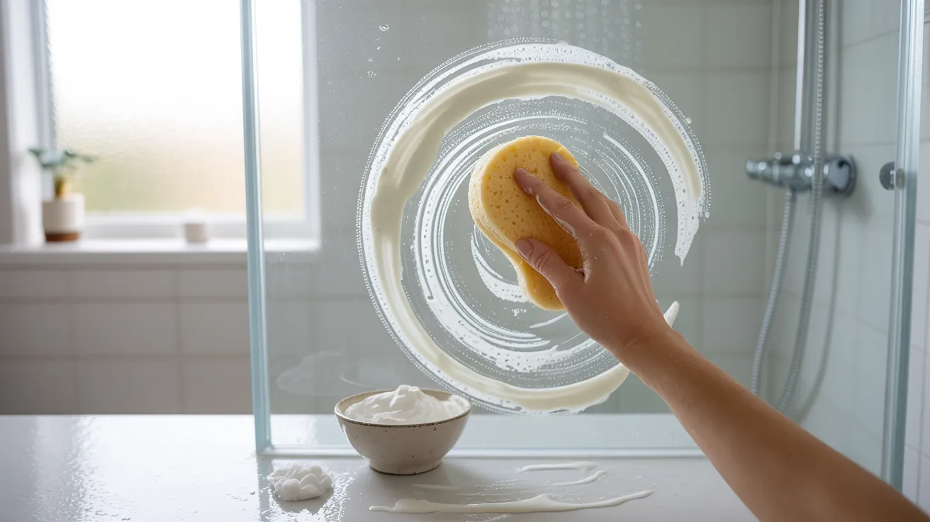 Baking soda paste being used to scrub hard water stains off glass surface.