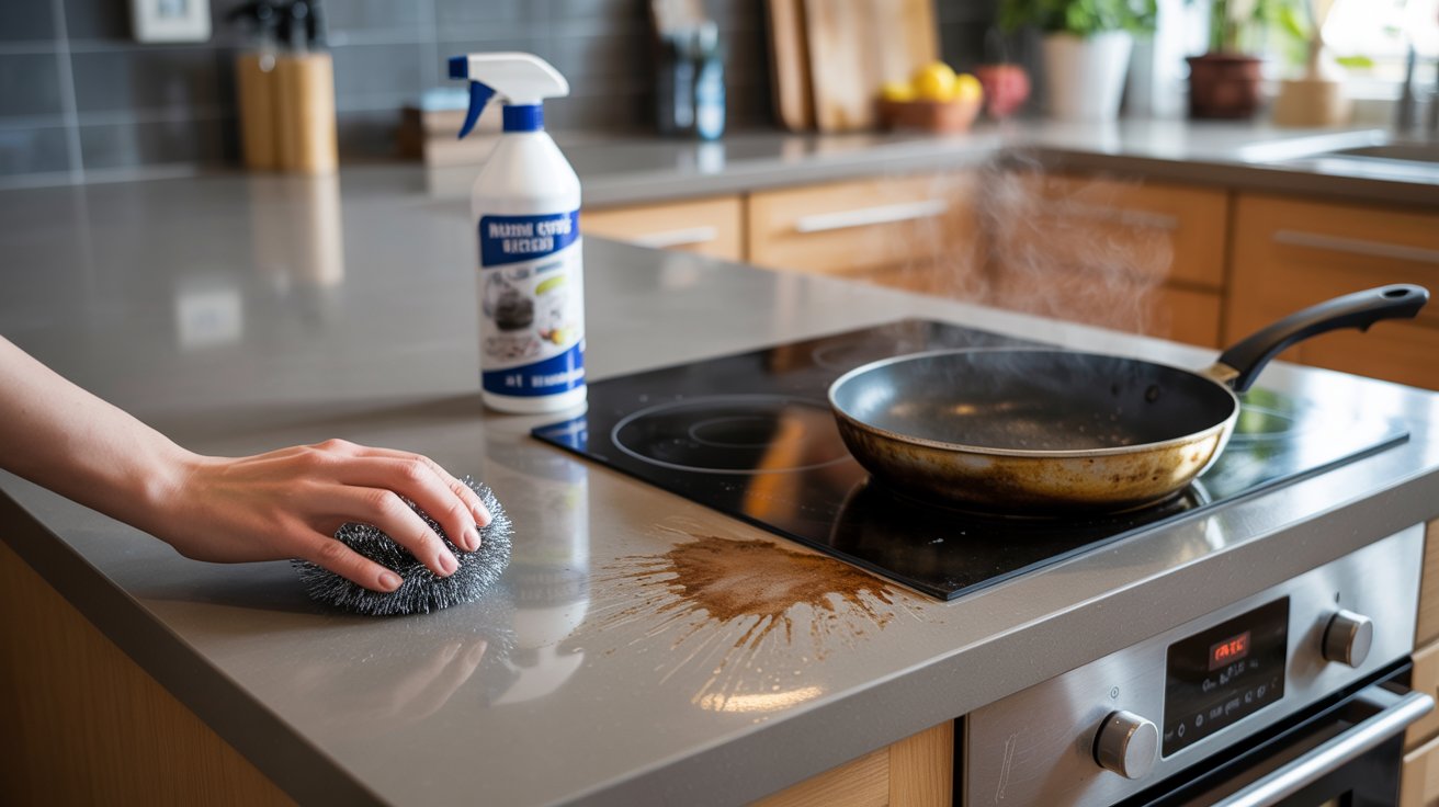 "Common mistakes damaging quartz countertops including steel wool scrubbing, harsh chemical cleaners, and placing hot pans directly on the surface"