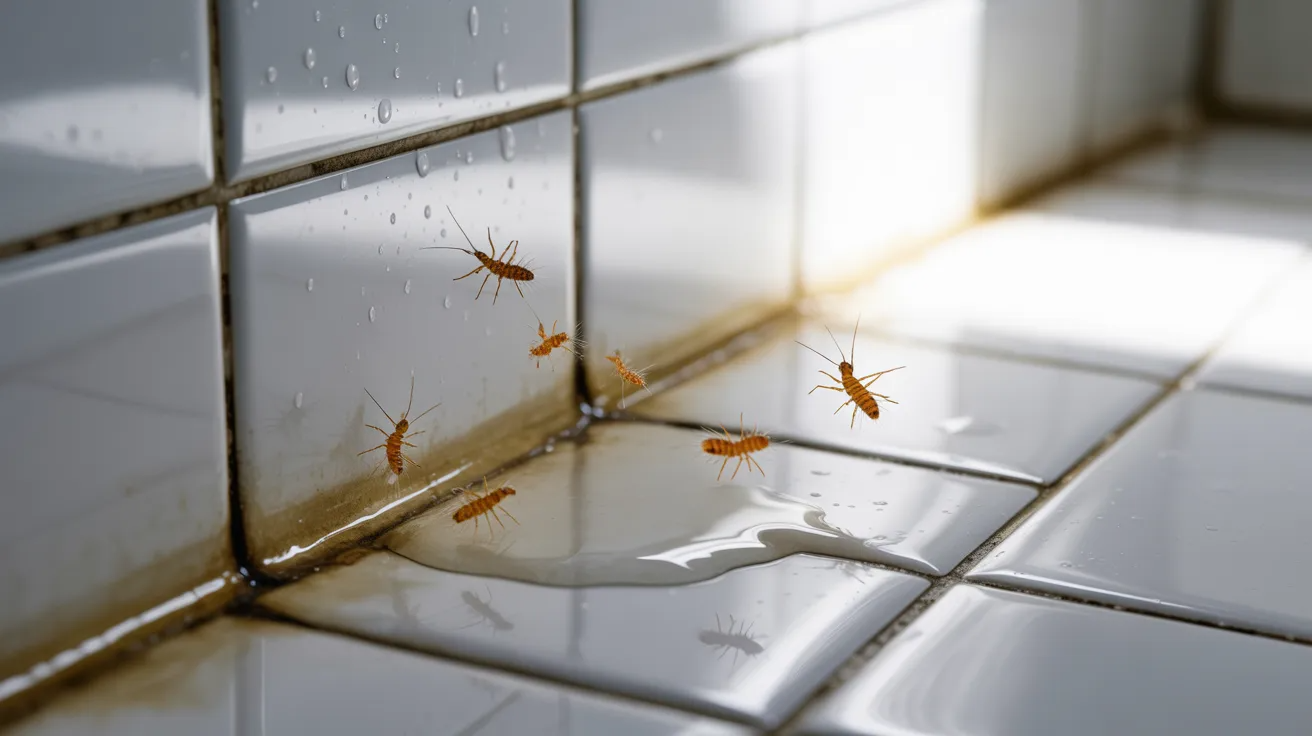 Tiny springtails jumping near a damp bathroom area showing moisture-related pest activity.