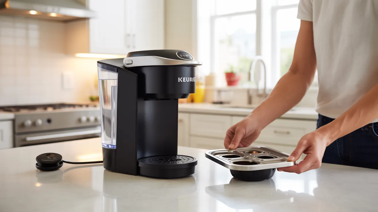 Unplugged Keurig being prepared for cleaning with drip tray removed and empty setup.