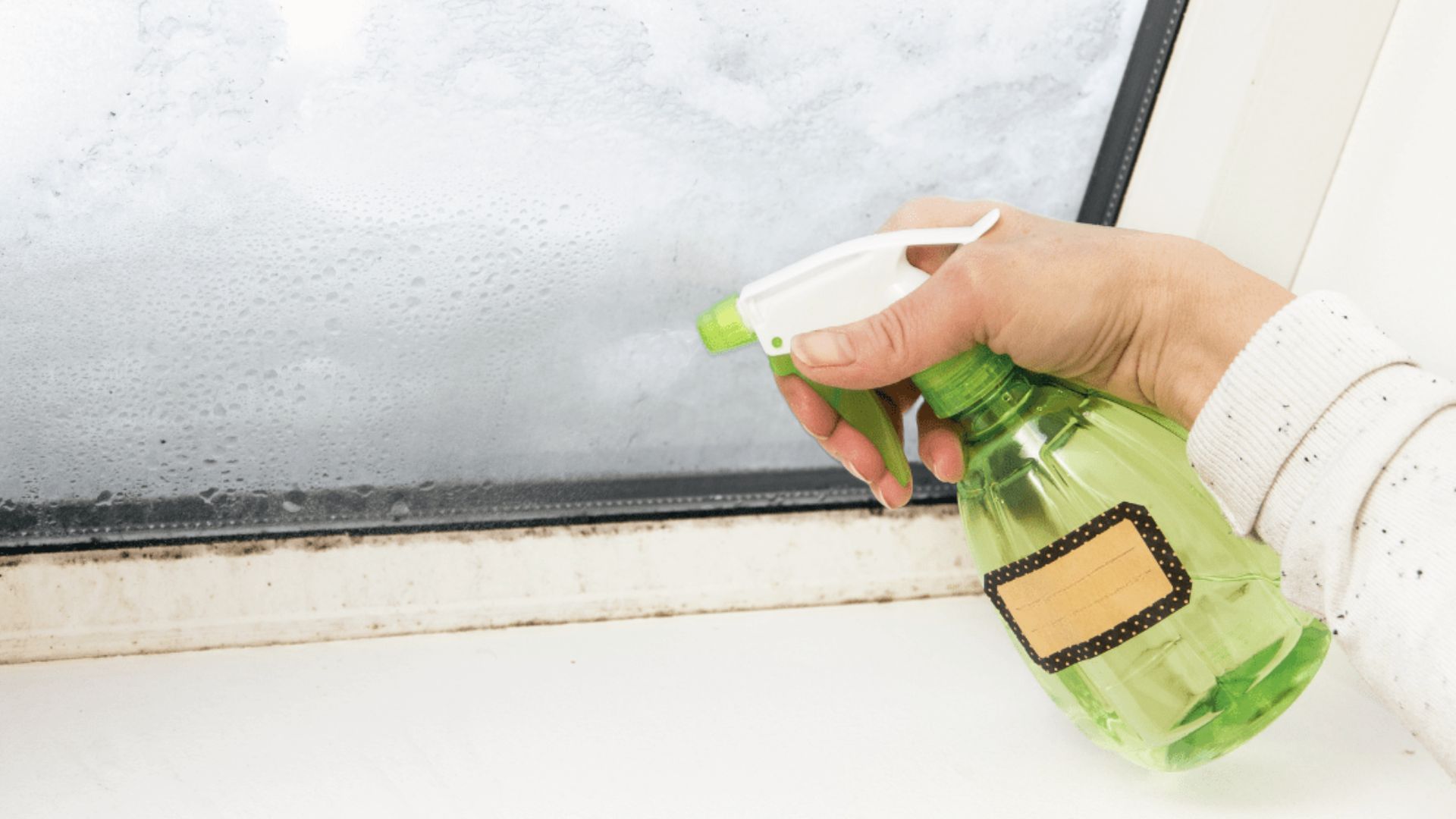 Hand spraying cleaning solution onto window track to break down stubborn dirt buildup