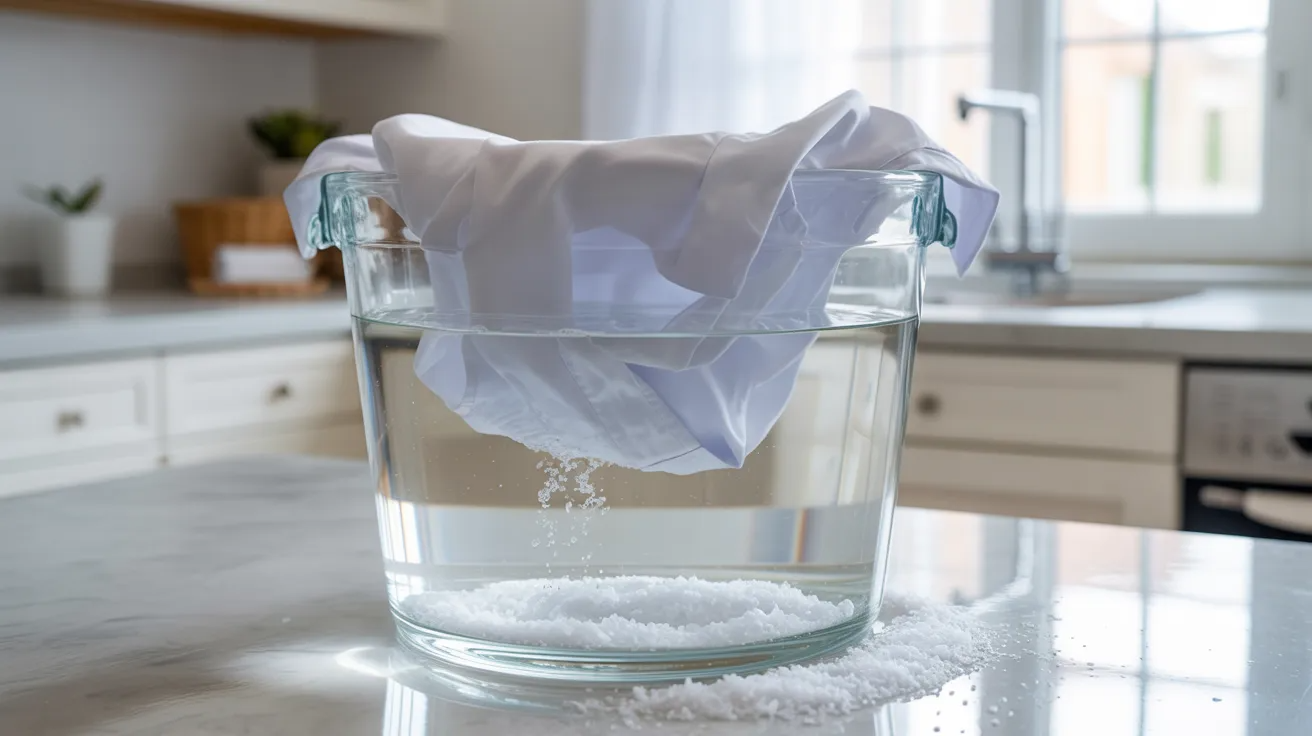 White shirt soaking in salt water solution to loosen yellow stains before washing.