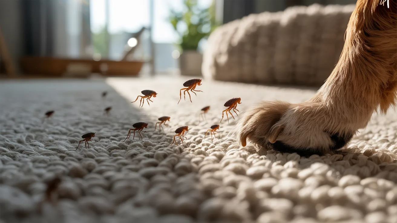 Tiny fleas in carpet near pet bedding indicating jumping biting pests in home.