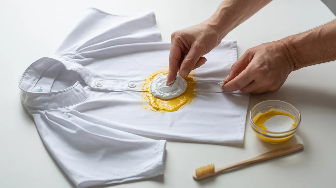 Baking soda paste being applied to mustard stain on white shirt for cleaning.