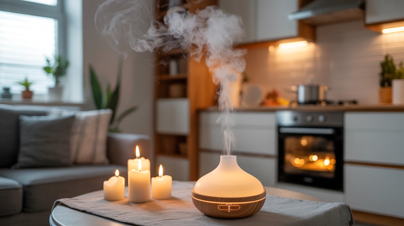 "Living room and kitchen scene with scented candles and essential oil diffuser used to reduce onion smell and freshen indoor air"
