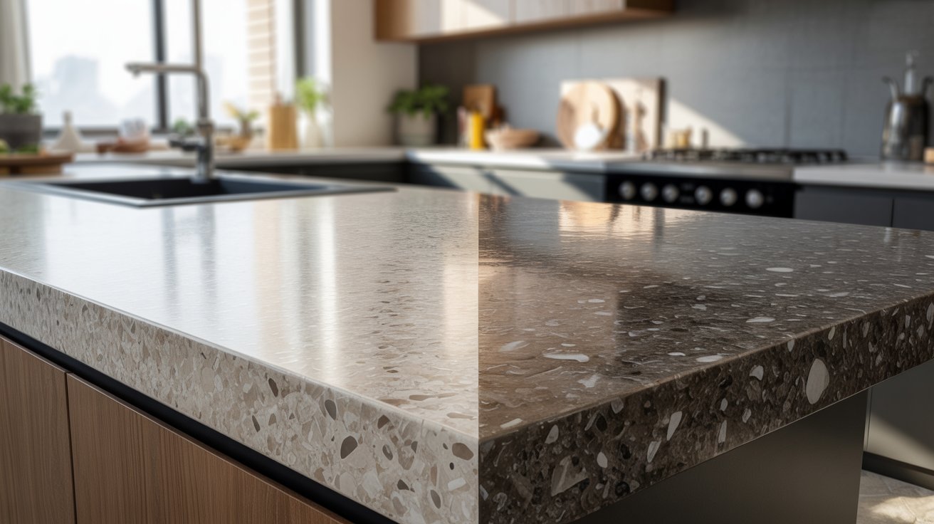 "Close-up of quartz countertop surface showing engineered texture, smooth