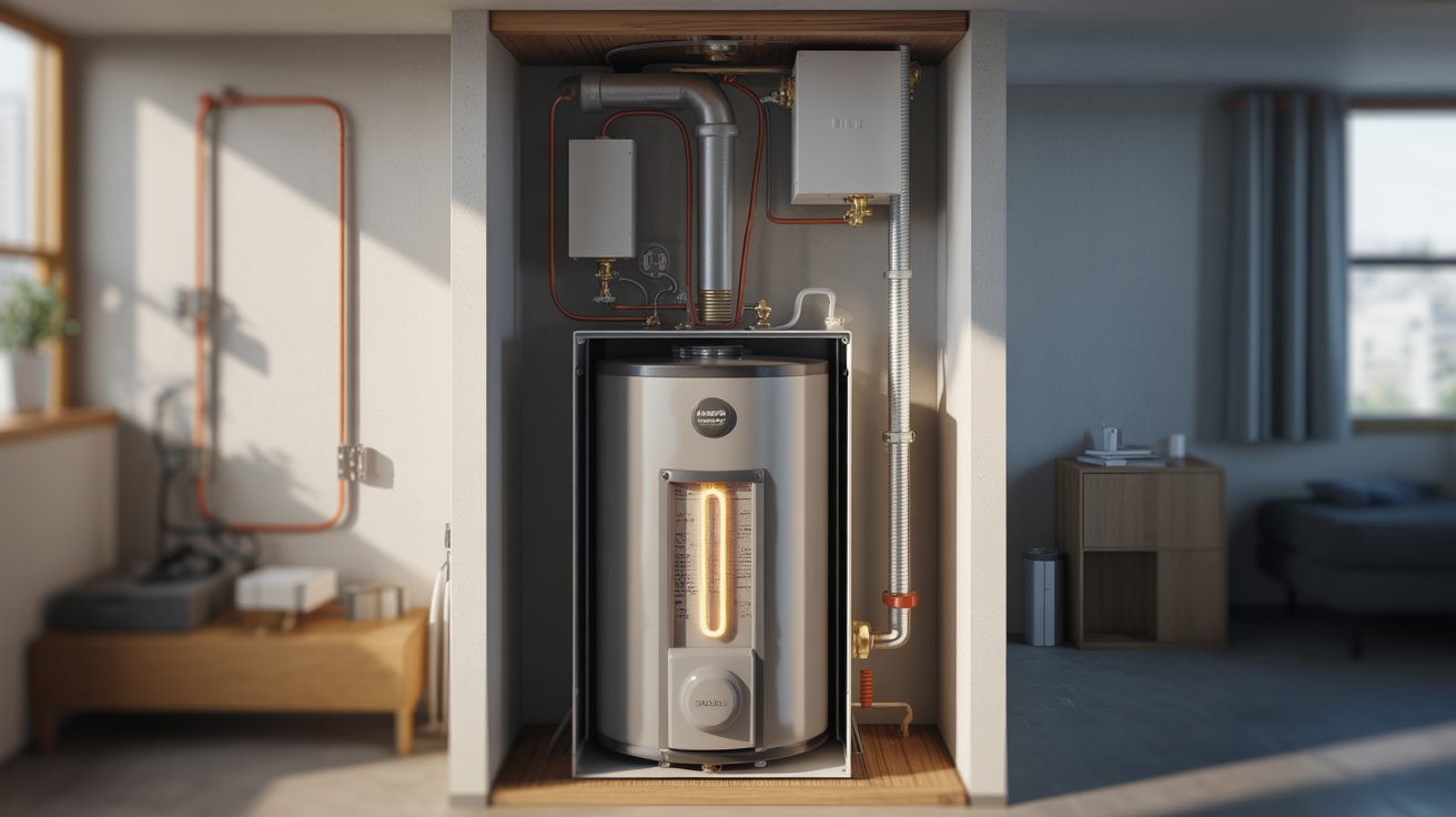 "Electric water heater cutaway view showing internal heating elements inside a tank with no venting system"